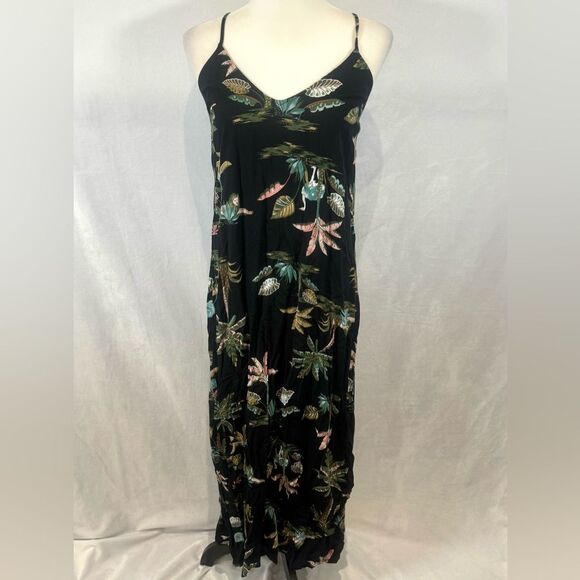 Black tropical palm tree print strappy cross back maxi dress size medium - Picture 2 of 7